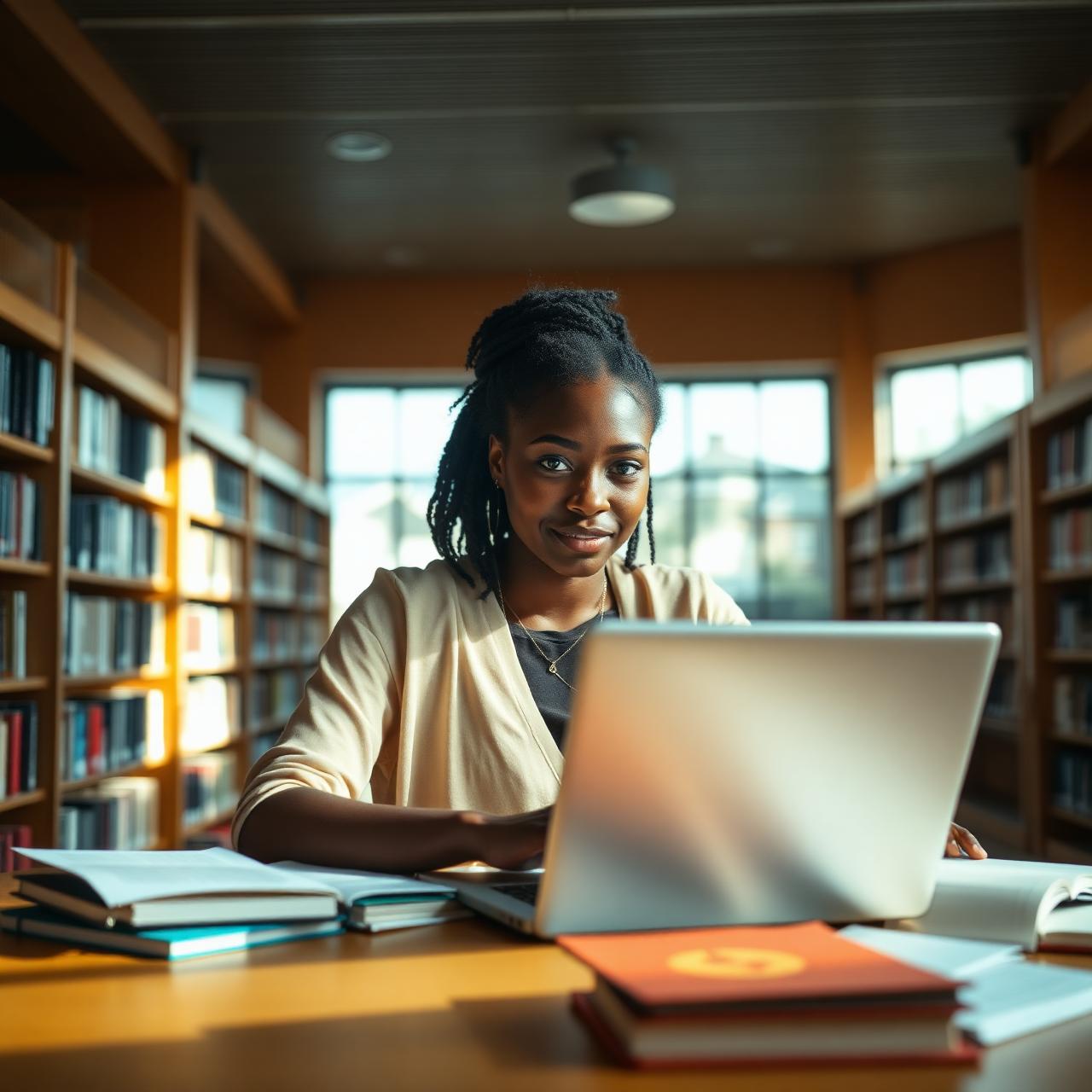 Student smiling while studying on a laptop in a campus library